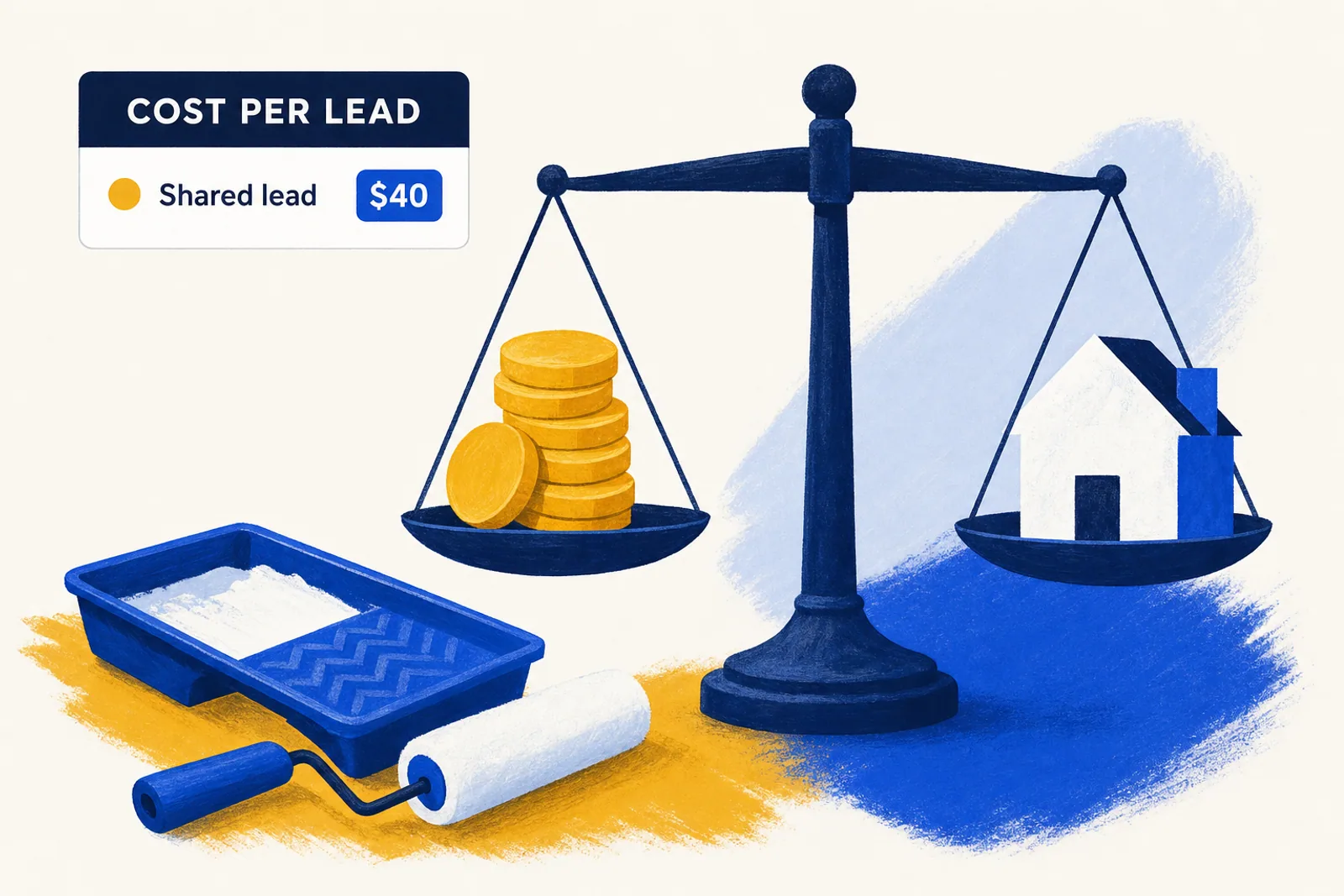 A paint tray and roller beside a card comparing the cost of painting leads by channel