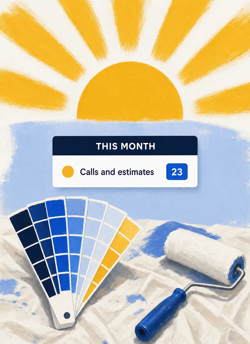 A swatch fan and a roller beside a monthly report card showing calls and estimates
