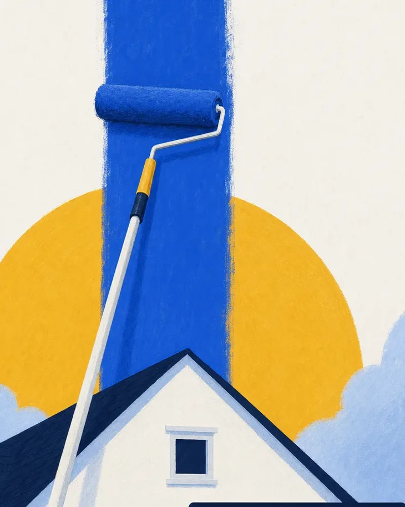 A paint roller leaving a fresh cobalt stripe on a wall, with a search card ranking a painting company first