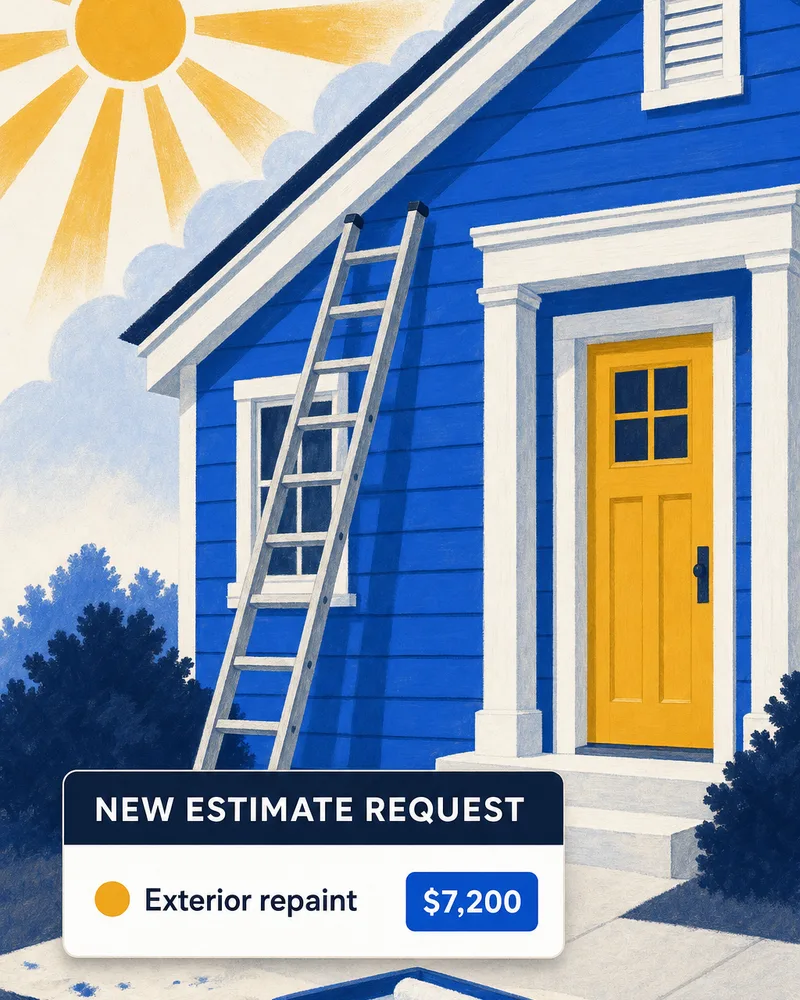 A ladder against a freshly painted house with a lead card showing a new estimate request