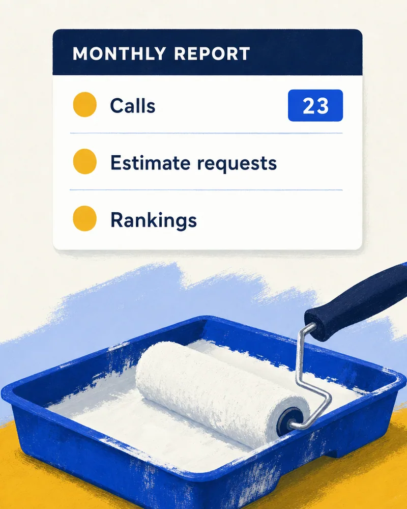A monthly report card showing calls, estimate requests, and rankings beside a paint tray