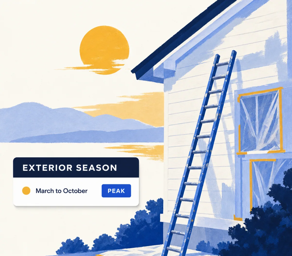 A ladder against a house exterior at sunrise with a calendar card marking the spring painting season