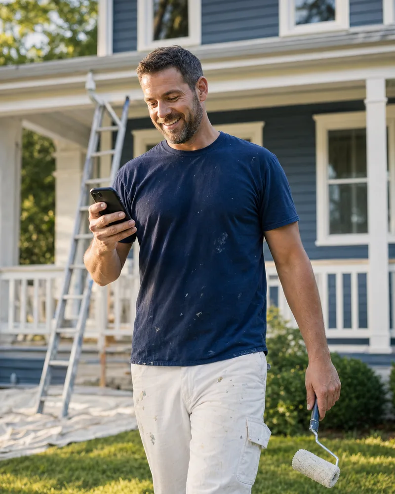 Painting company owner checking his phone on the lawn of a freshly painted house