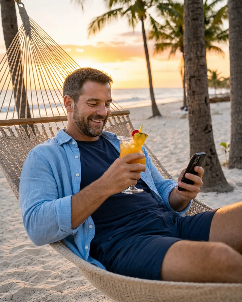 Painting company owner relaxing in a hammock on the beach while estimate requests come in