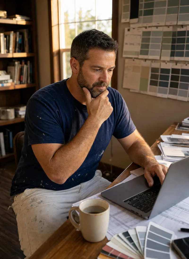 Painting company owner at his desk with paint swatches, thinking over a question on his laptop