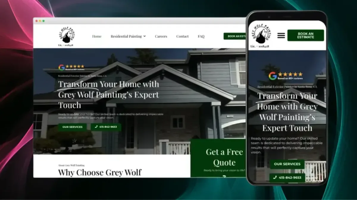 The Grey Wolf Painting website on a laptop and phone: a hero reading Transform Your Home with Grey Wolf Painting’s Expert Touch, with a Book an Estimate button.