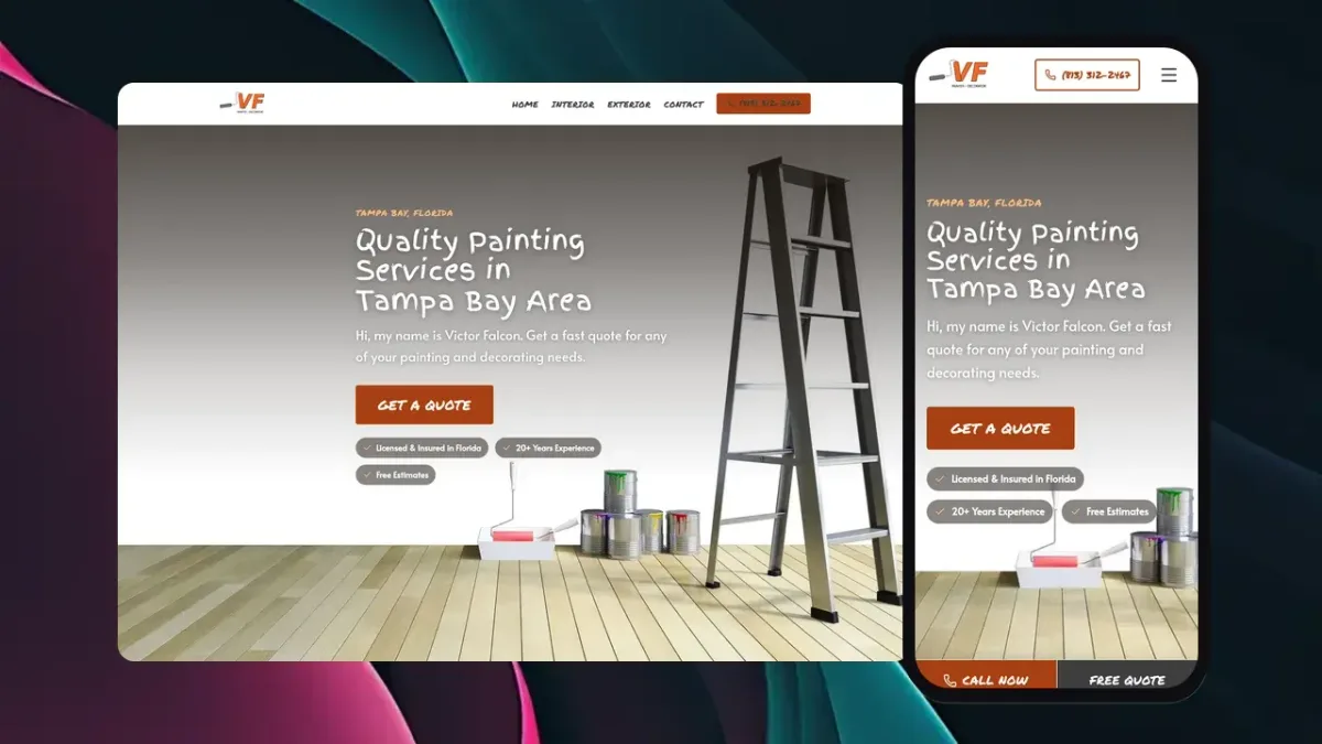 The VF Painter website on a laptop and phone: a hero reading Quality Painting Services in Tampa Bay Area, with a Get a Quote button and a stepladder with paint cans.
