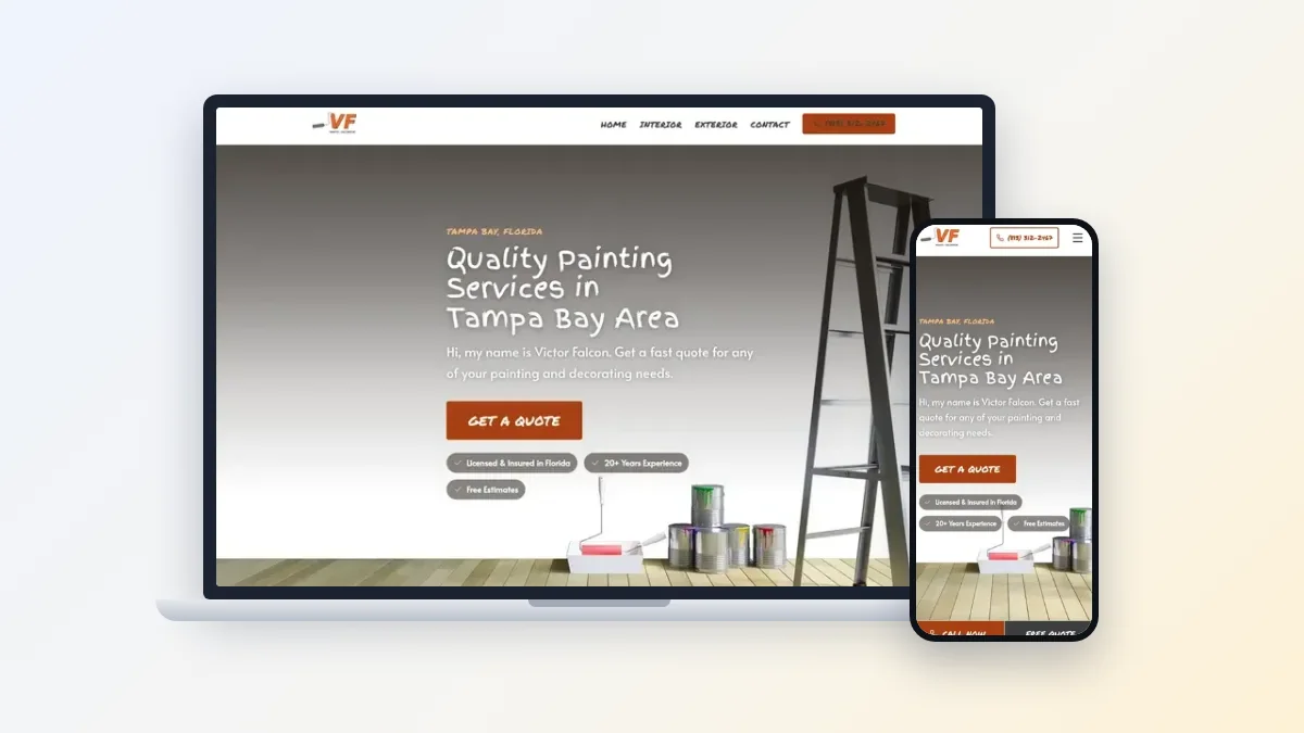 The VF Painter website on a laptop and phone: a hero reading Quality Painting Services in Tampa Bay Area, with a Get a Quote button and a stepladder with paint cans.