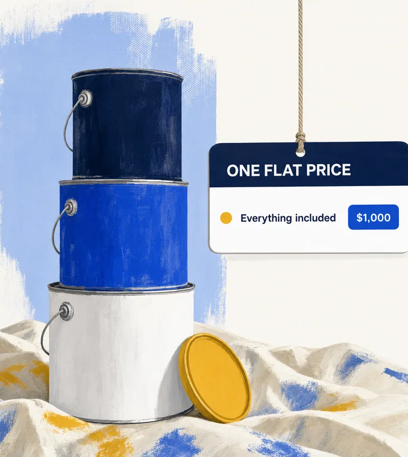 Stacked paint cans beside a price tag card that reads one flat price