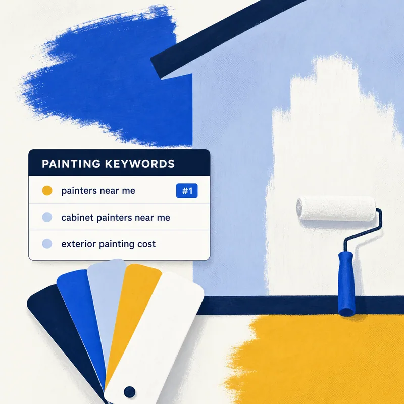 A swatch fan beside a keyword card listing painting searches with their monthly volumes