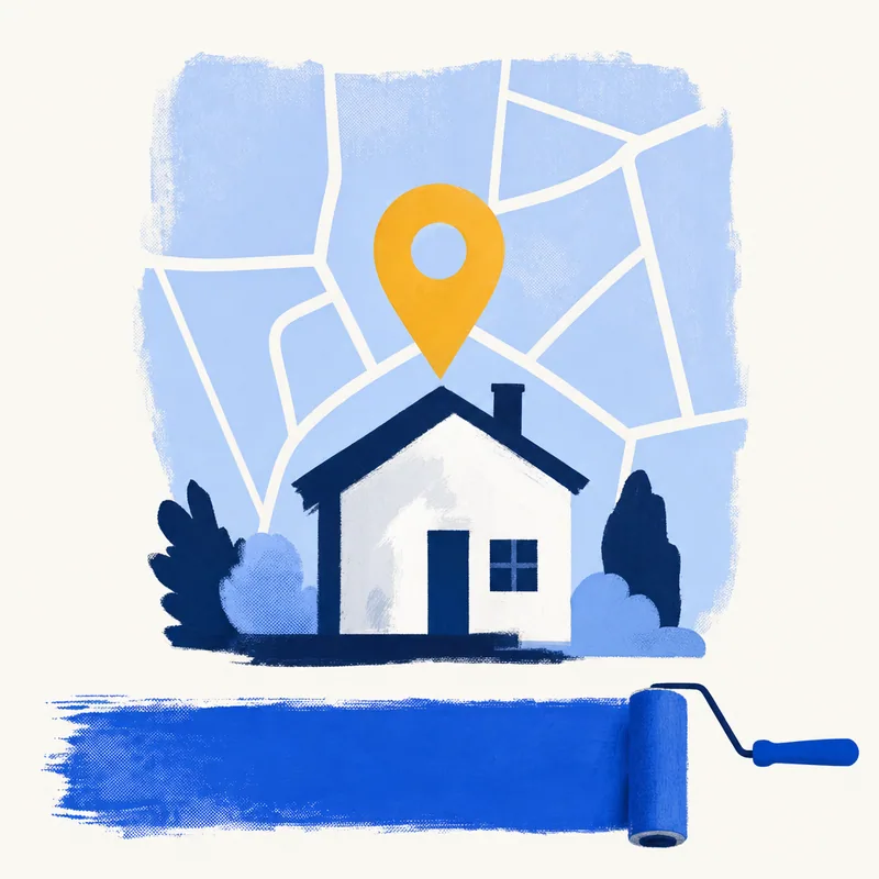 A map card with a marigold pin over a painted house silhouette, marking one city as open