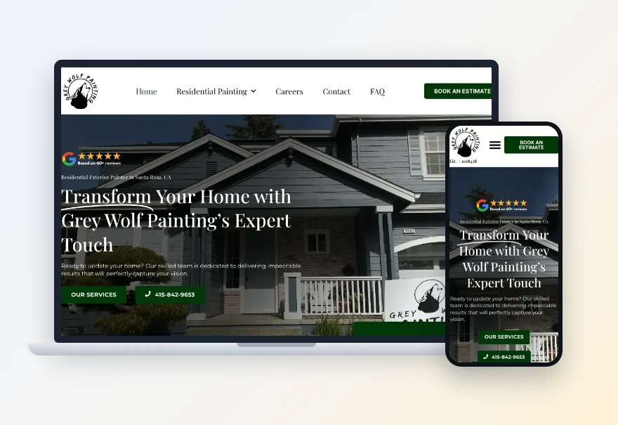 The Grey Wolf Painting website we built, shown on a laptop and a phone: Transform Your Home with Grey Wolf Painting's Expert Touch