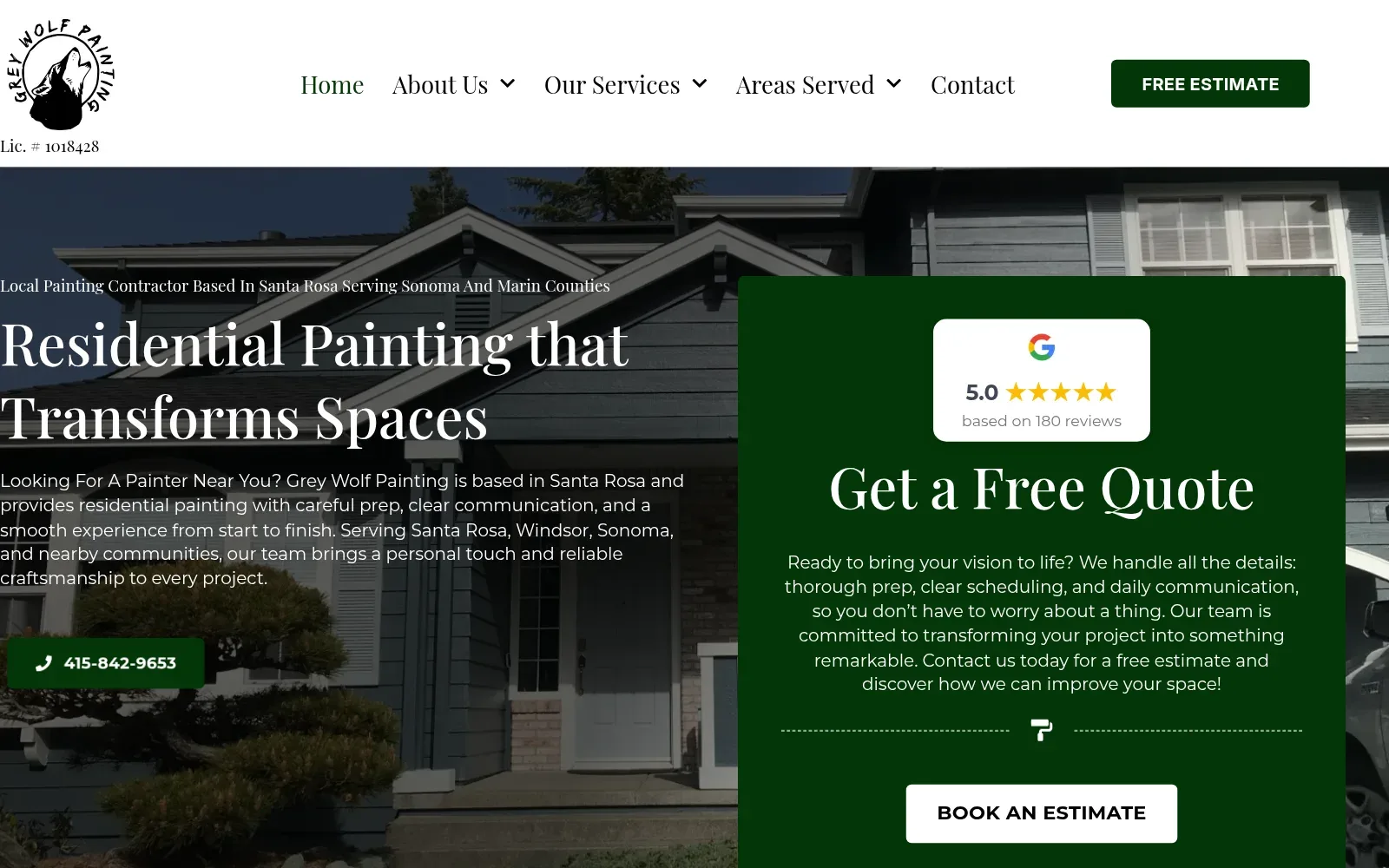 The Grey Wolf Painting homepage on a laptop: a Santa Rosa residential painting hero, a free estimate button, and a quote panel with a 5.0 Google rating