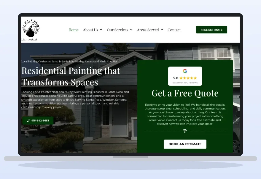 The real Grey Wolf Painting homepage, a Santa Rosa painting company site built through RapidWebLaunch, shown on a laptop