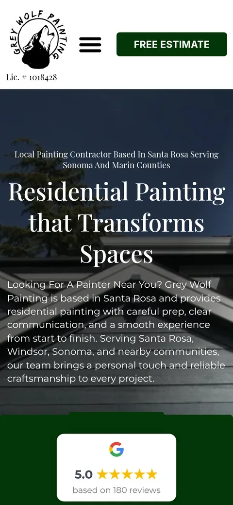 The same Grey Wolf Painting homepage on a phone, with the free estimate button at the top